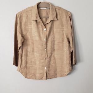 Chico's Design Silk, Linen, Cotton Blend Button Down Shirt with Pattern Detail